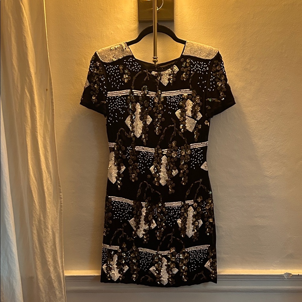 French Connection Black and Gold Embellished Mini Dress